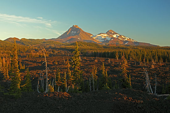 North Sister and Middle Sister with Lava flow on Mckenzie Pass, Cascade Mountains, Oregon