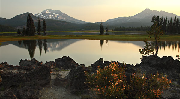 Sparks Lake Sunrise and wildflowers and lava rock, Bend, Oregon