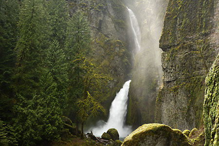 Wahclella Falls mist sunshine Columbia River Gorge Oregon