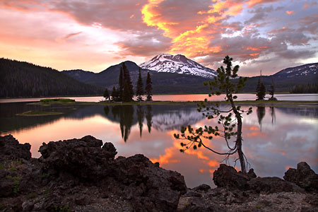 Fiery Sunset colors over glaciers of South Sister and Sparks Lake.