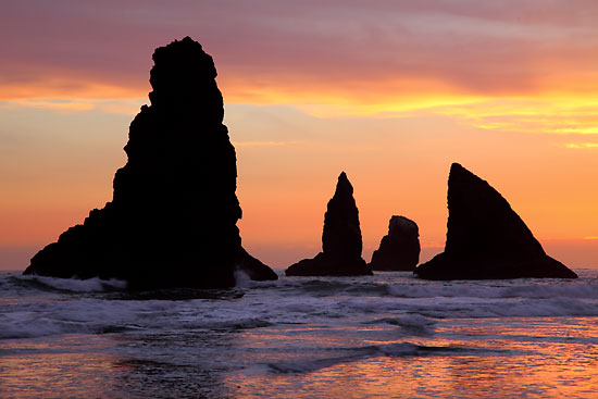 Seastacks, Sunset on the Oregon Coast - Photographer David Whitten